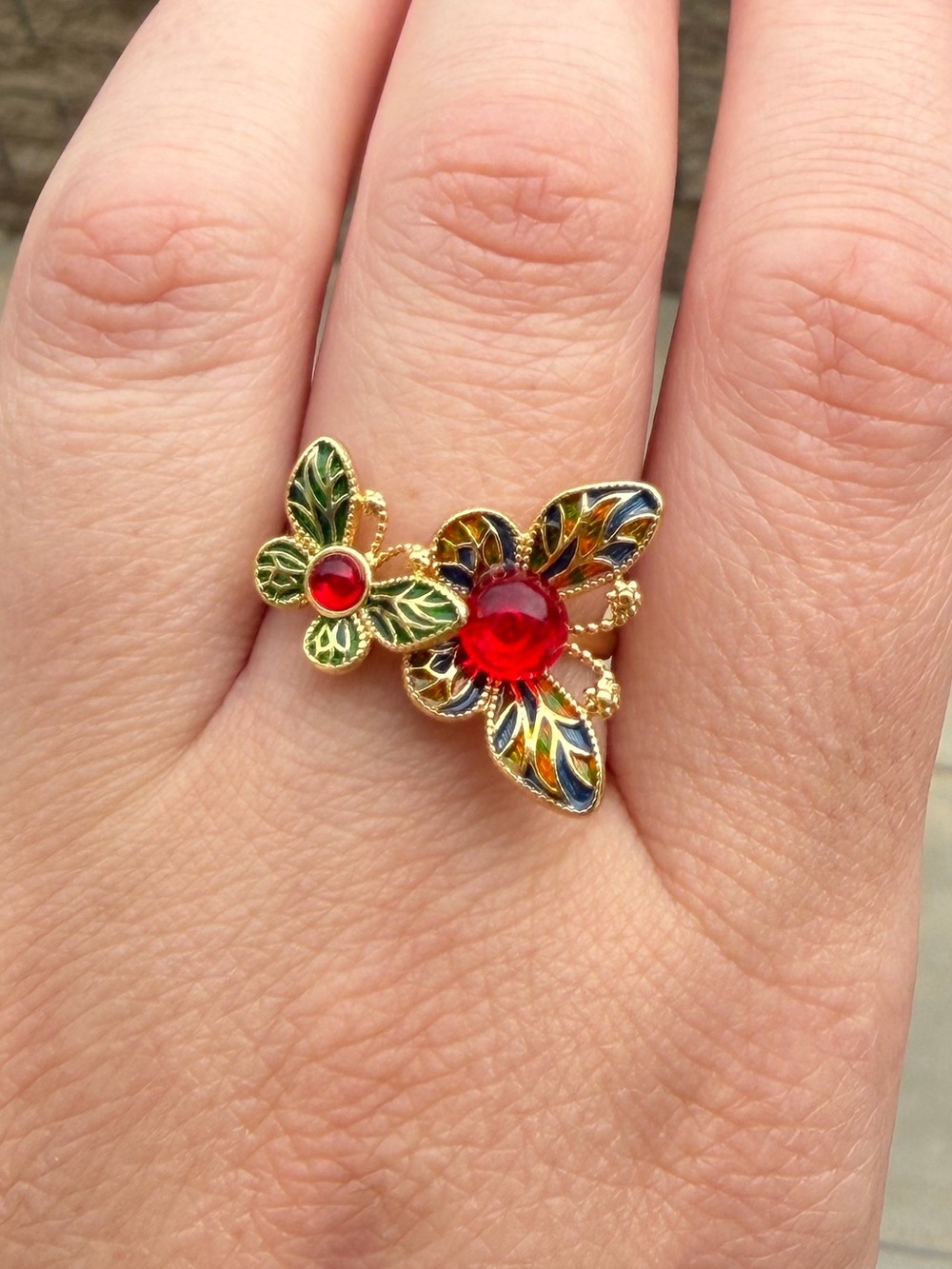 Gold Butterfly Ring with Red and Green Enamel Accents